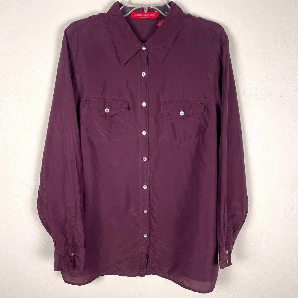 Gloria Vanderbilt 100% Silk Shirt Womens Size 1X Burgundy Long Sleeve Shell XL